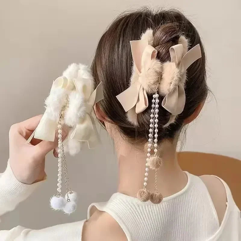 π Plush Bow & Tassel Hair Claw Clips β¨ Cute Korean Style for Girls - Perfect Fall & Winter Accessory! π¦