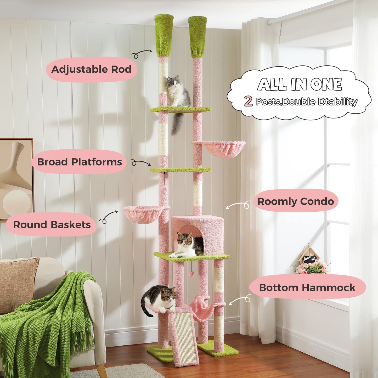 Pink Floor To Ceiling Cat Tree Tower With 7 Tiers Hammocks And Condos πΎ