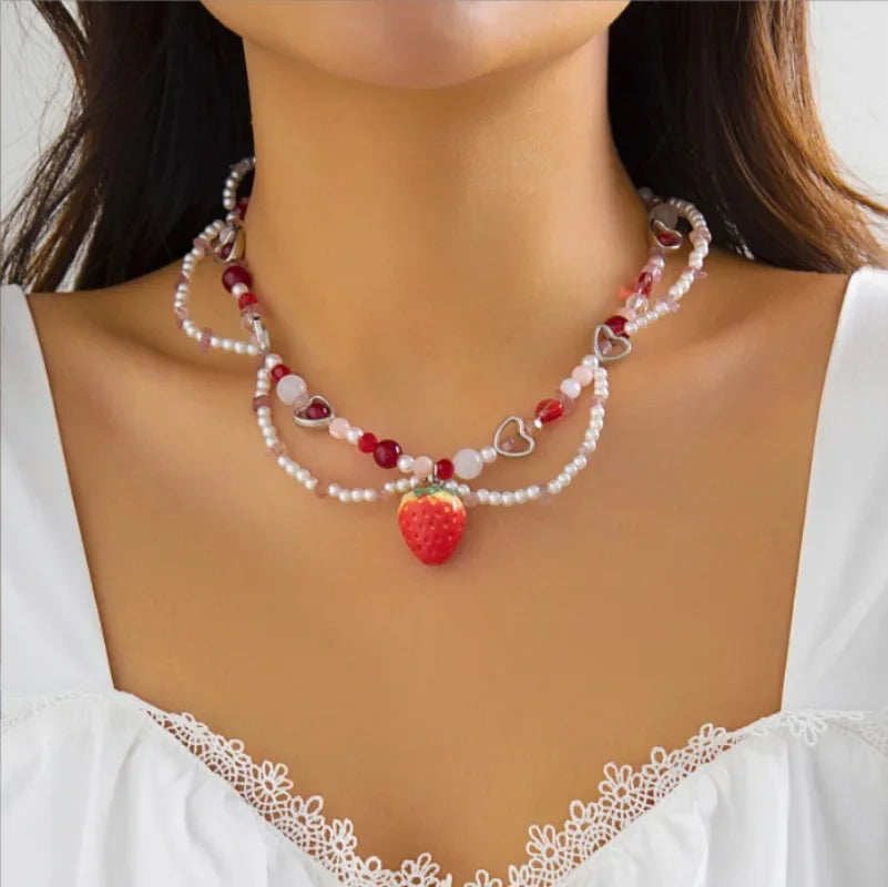 Kawaii Strawberry Pearl Choker πβ¨ | Handmade Beaded Necklace | Adjustable Cute Gift for Her! π