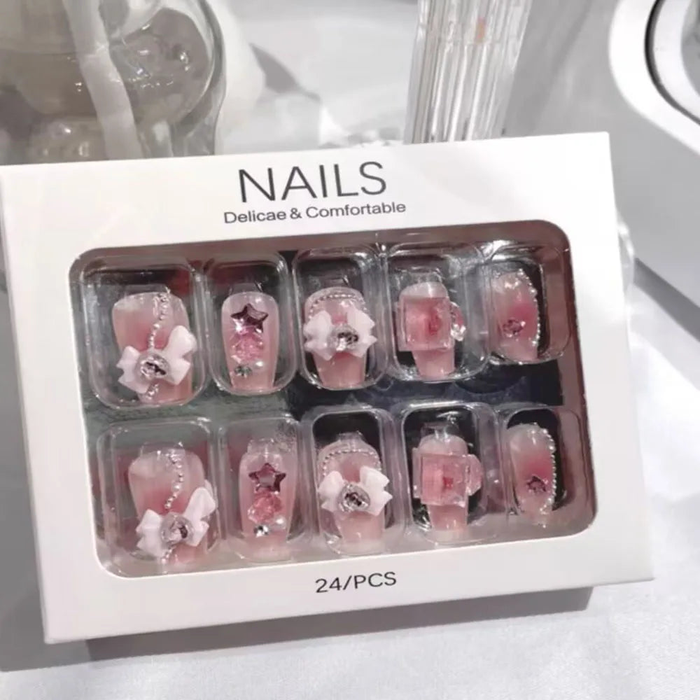 Kawaii Blush Pink 3D Bowknot & Pearl Press-On Nails πβ¨ | 24pcs Adorable Fake Nail Tips for Cute DIY Manicures!