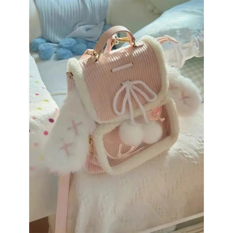 Kawaii Pink Bunny Ear Backpack π°β¨ Cute Corduroy Ita Bag for Women β Adorable Plush Aesthetic! πΈπ