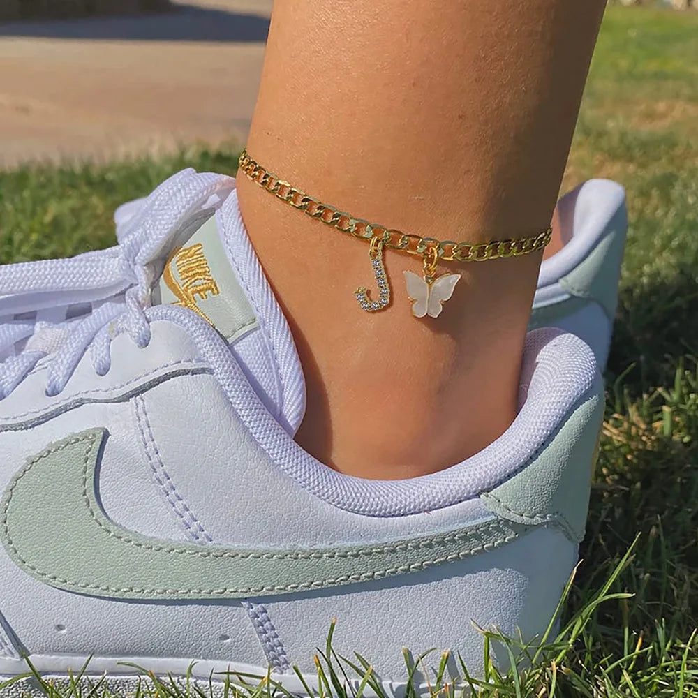 Kawaii Butterfly Initial A-Z Anklets 🌈✨ Waterproof Leg Chains for Trendy Girls | Cute Jewelry Gift for Parties 🦋💖