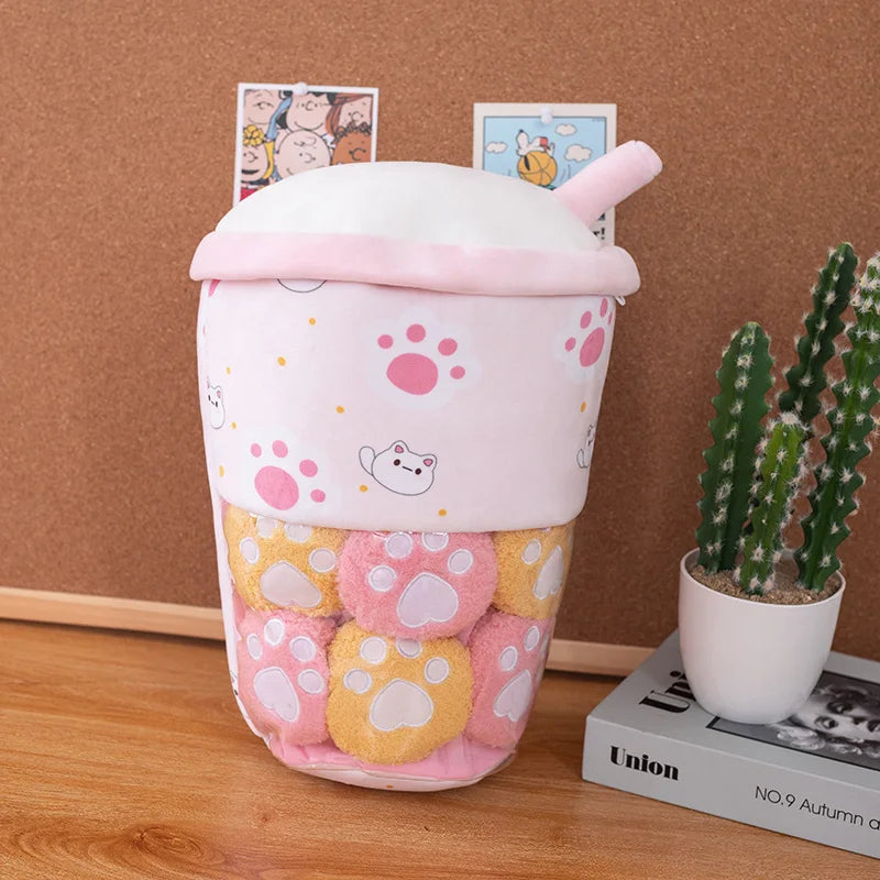 Kawaii 6pcs Boba Milk Tea Pudding Plushies ๐ฅค๐พ - Adorable Cat Paw & Wolfberry Sofa Decor Gifts for Kids & Teens โค๏ธโจ