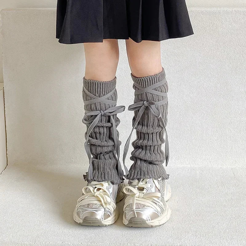 Kawaii Knitted Leg Warmers for Girls ๐ธโจ Cute Lace Bowknot Design for Autumn Delight! ๐งฆ๐