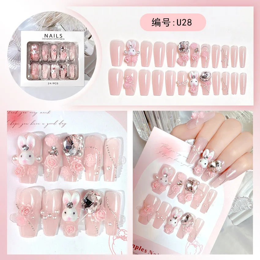 Kawaii Glittery Bear & Rabbit Press-On Nails πβ¨ - 24Pcs Luxury Rhinestone False Nails with Jelly Glue! π»π°π