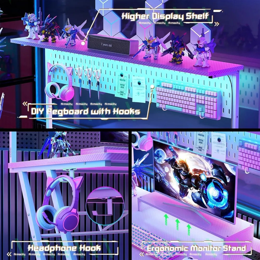 Kawaii Pink Gaming Desk šøāØ with LED Lights, Storage Shelves & Pegboard | Perfect for Gamers š®š