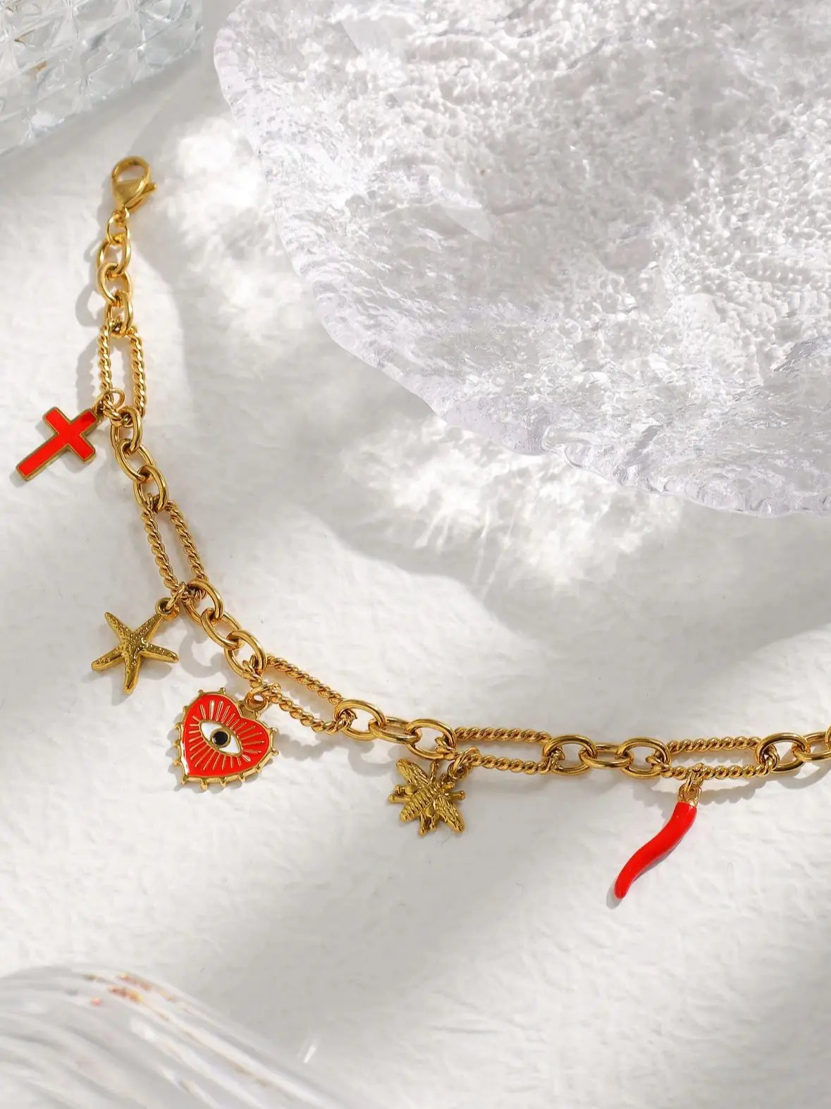 Stainless Steel Charm Bracelet For Women Playful Vintage Thread Stitching Eyes Starfish Bee Cross Pepper Charms ✨🐝⭐🌶