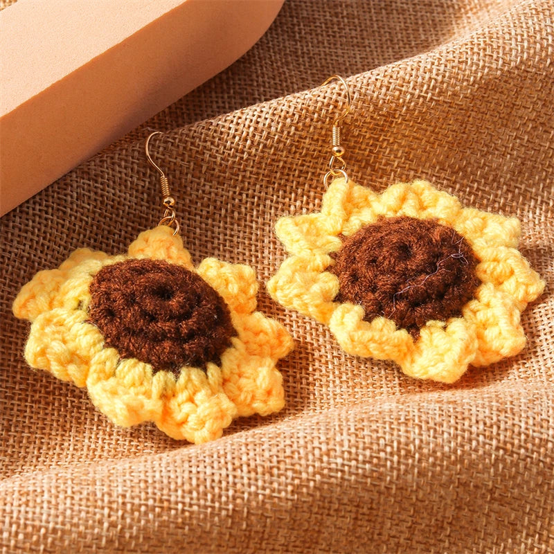 Kawaii Handmade Sunflower Drop Earrings ๐ผโจ | Cute Knitted Dangle Hooks for Party & Holiday Gifts ๐๐