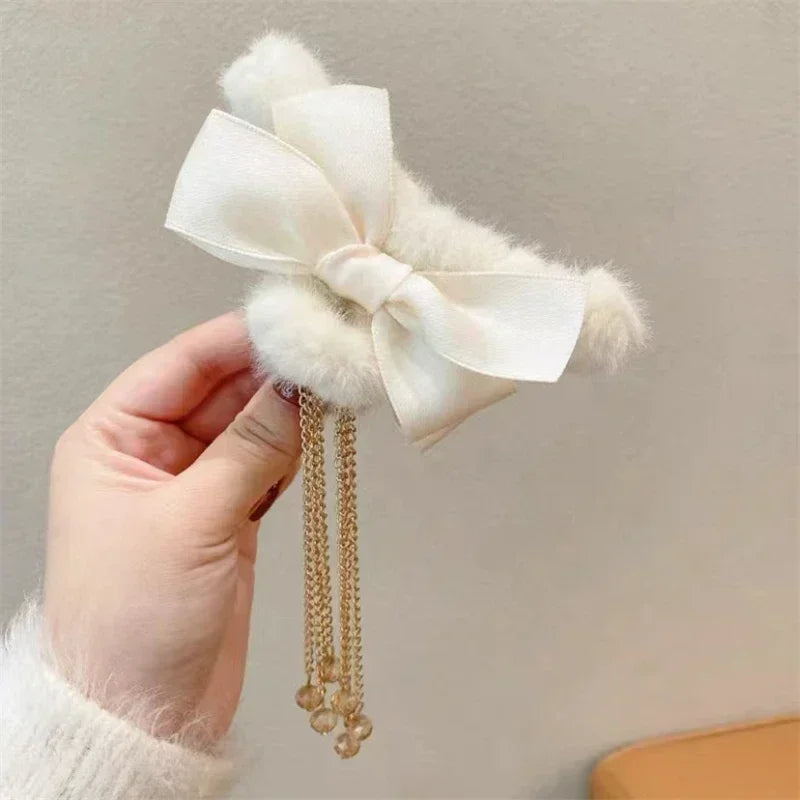 π Plush Bow & Tassel Hair Claw Clips β¨ Cute Korean Style for Girls - Perfect Fall & Winter Accessory! π¦