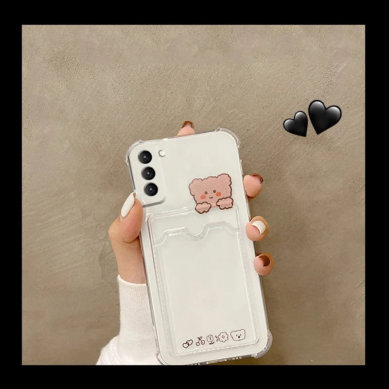 ✨ Adorable Transparent Bear Card Holder Case for Samsung Galaxy S22/S21/S20 FE/S10/S10e/Note 10/20 Plus Ultra 🐻💕