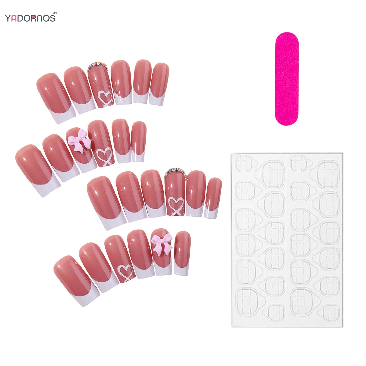 Kawaii Pink Bowknot & Diamond French Tip Press-On Nails πβ¨ | Medium Length Nail Art for Sweet Girls πΈπ