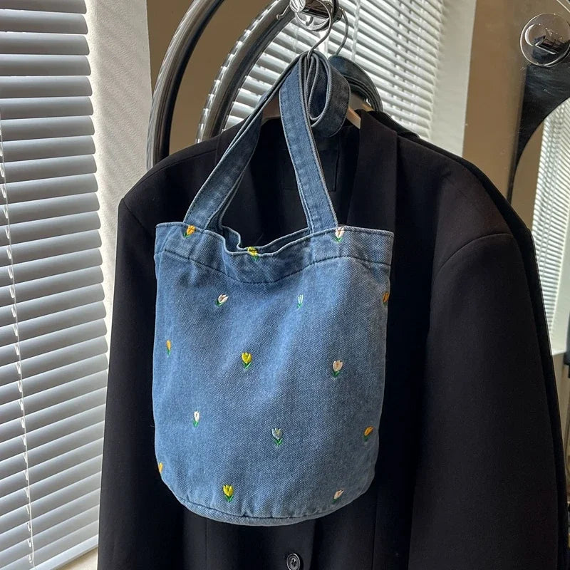 Kawaii Embroidered Denim Bucket Bag 🌸✨ - Trendy Large Capacity Shoulder Tote for 2024!