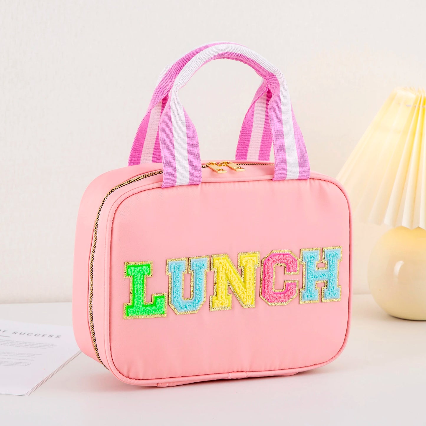 Kawaii Nylon Insulated Lunch Tote πβ¨ | Adorable Reusable Cooler Bag with Chenille Letters for Kids & Travel π₯ͺπ