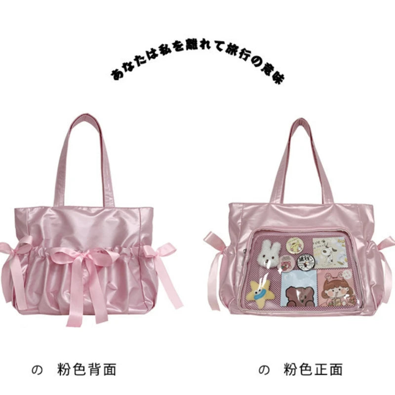 Kawaii Ribbon Bow Tote Bag πΈβ¨ Sweet Forest Style | Large Capacity Double-Sided Handbag for Students ππ