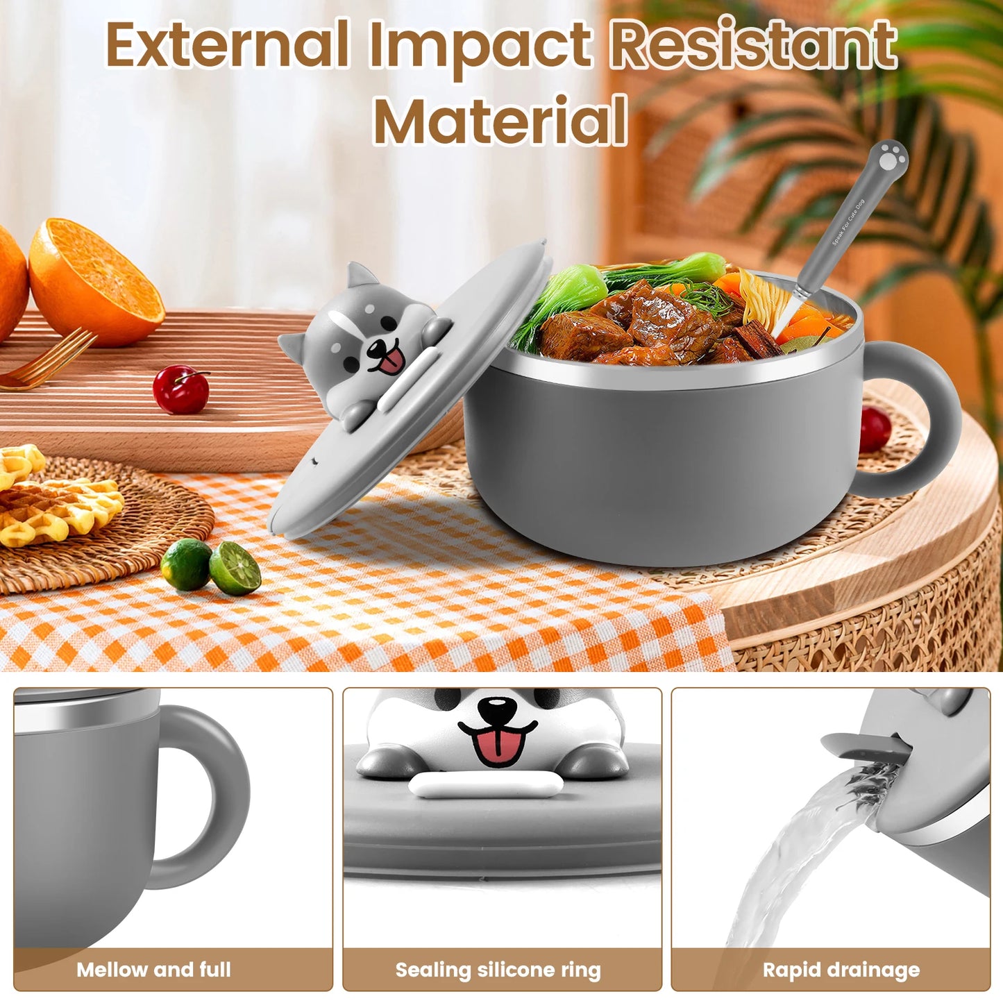 Kawaii 1200ml Stainless Steel Ramen Bowl πβ¨ with Cute Lid & Steam Vent - Perfect for Noodles, Soup, & Lunch On-the-Go! ππ₯’