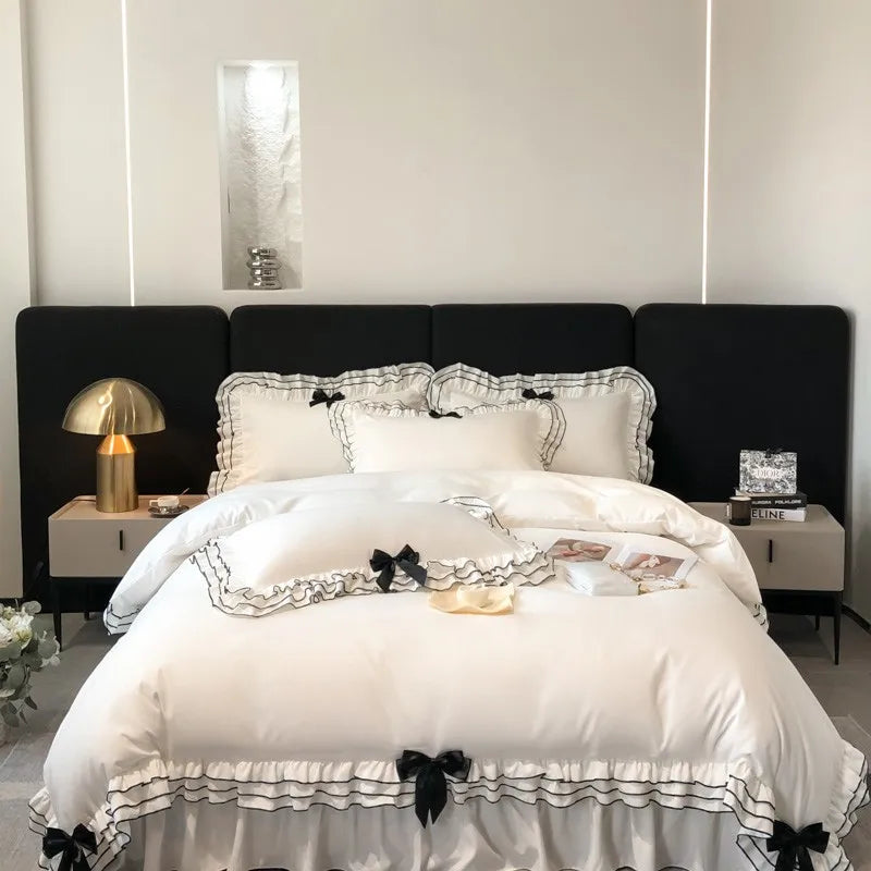 Adorable Ruffle White Duvet Cover Set ๐ธโจ Soft Microfiber Girls' Bedding with Cute Bow-Knots ๐ 3/4/6Pcs Options