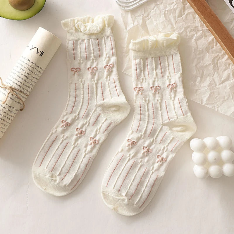 Charming Cotton Socks with Cute Bowknot & Floral Fun ๐ธโจ Perfect for Harajuku & Lolita Styles! - Pixie Quill
