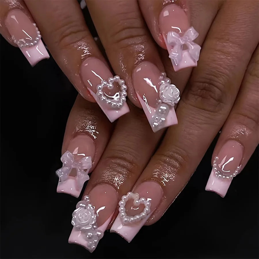Kawaii Pink Bow Ballet Coffin Press-On Nails πβ¨ - 24 Pcs Full Cover Magic!