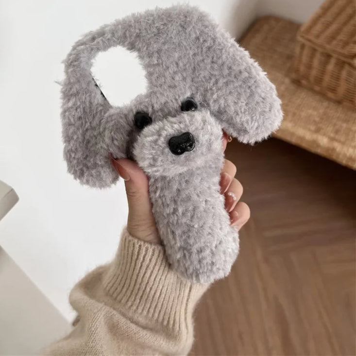 Kawaii 3D Fluffy Teddy Dog Phone Case for iPhone 16/15/14 - Adorable Plush Fur Cover πΆβ¨