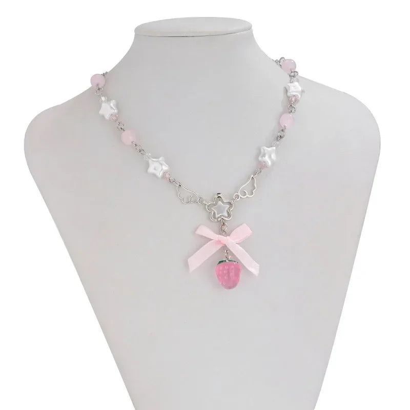 Kawaii Pink Strawberry Bowknot Choker πβ¨ - Vintage Pentagram Pendant Necklace for Trendy Rave Girls