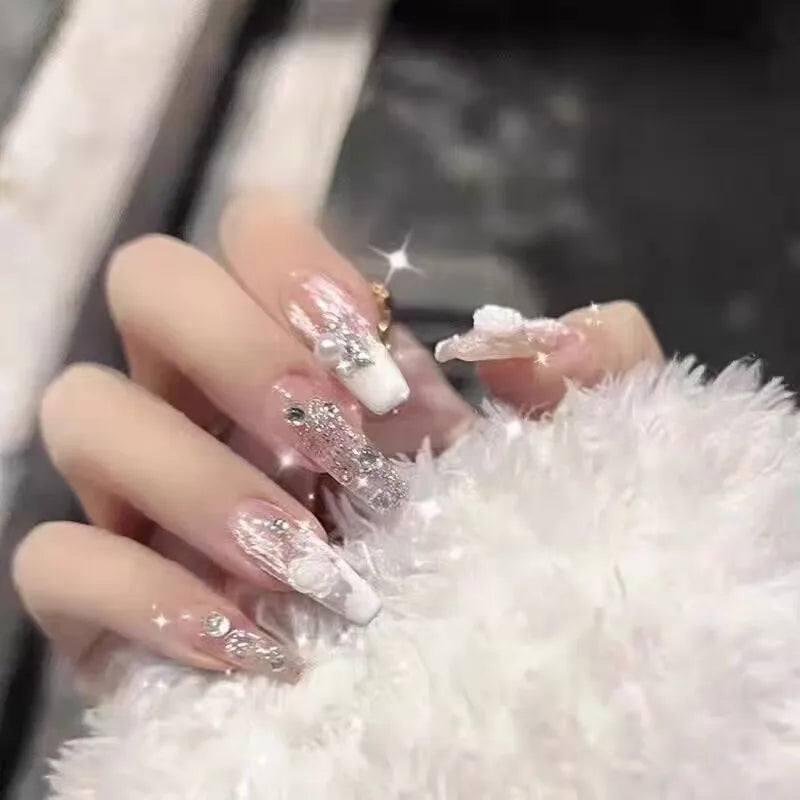 Kawaii Blush Pink 3D Bowknot & Pearl Press-On Nails πβ¨ | 24pcs Adorable Fake Nail Tips for Cute DIY Manicures!