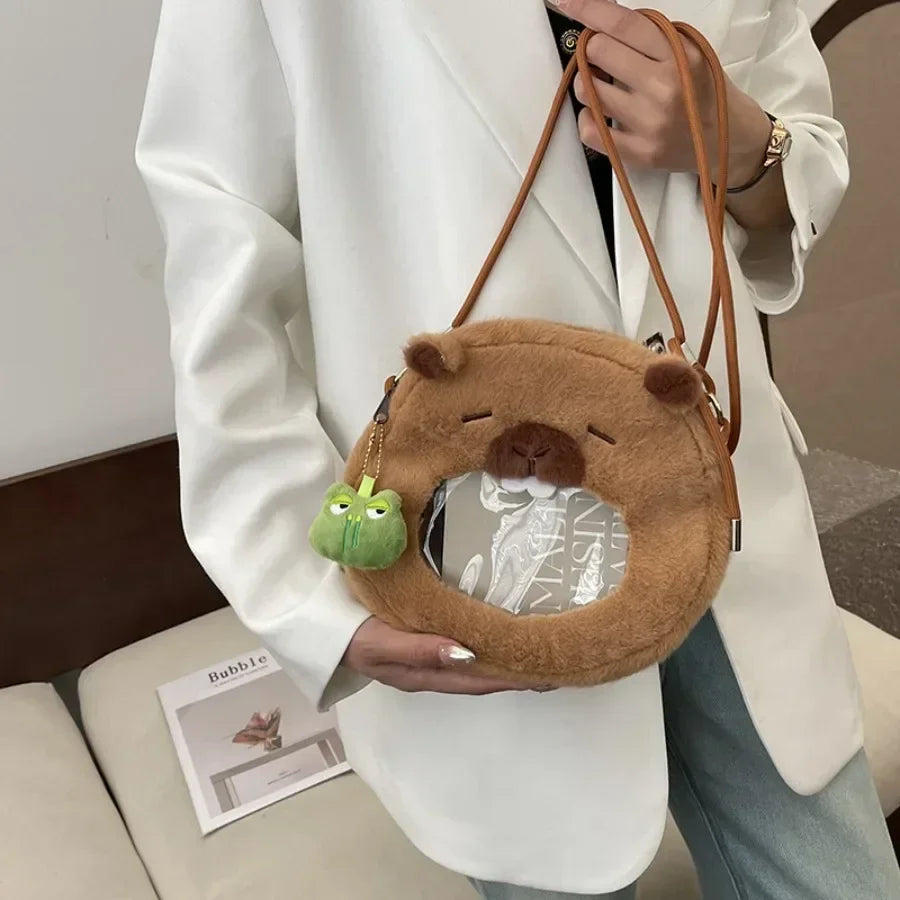 Kawaii Capybara Plush Backpack πΎπ - Adorable Strawberry Hat Turtle Design, 33cm Stuffed Toy Pendant!