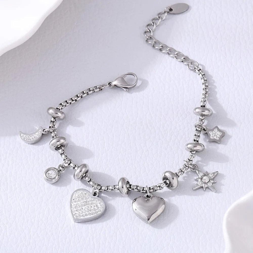 Kawaii 316L Stainless Steel Heart Charm Bracelet πβ¨ - 18k Gold-Plated with Sparkling Zircon Pendants! ππ
