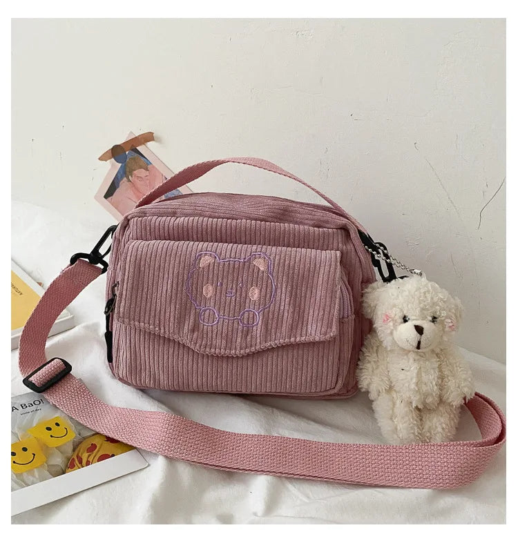 π Cute Teddy Bear Corduroy Crossbody Bag π»β¨ - Personalized Kawaii Shoulder Tote - Pixie Quill