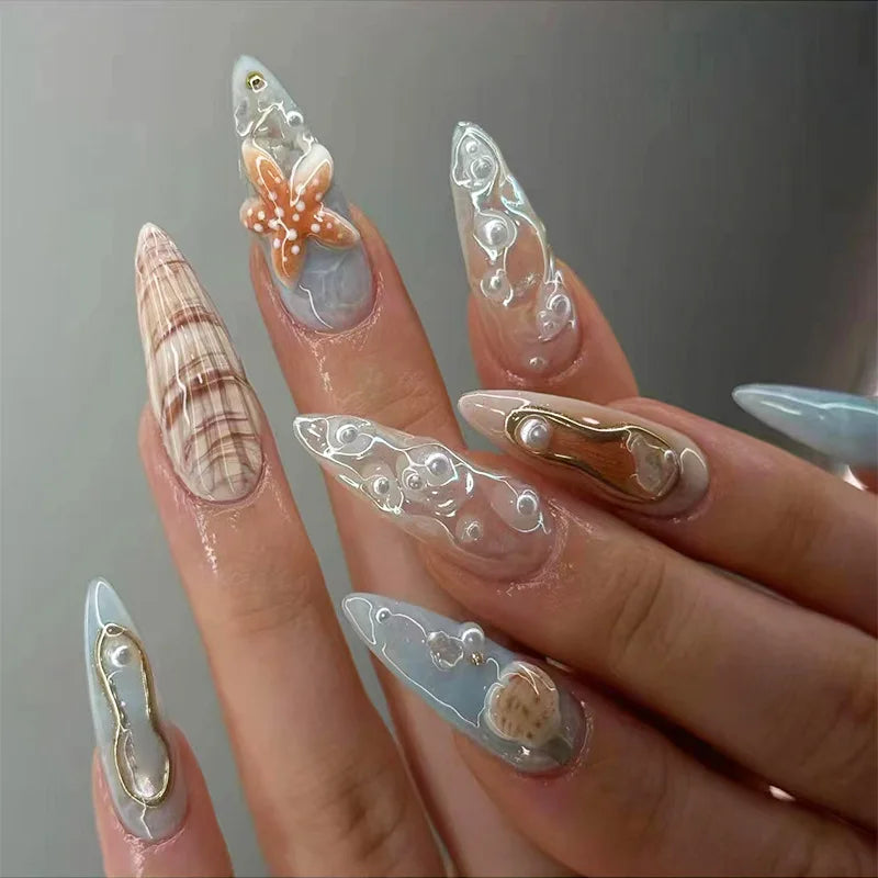 Kawaii Tropical Flower Press-On Nails πΊβ¨ | 24PCS Colorful 3D Butterfly & Shell Art π
π