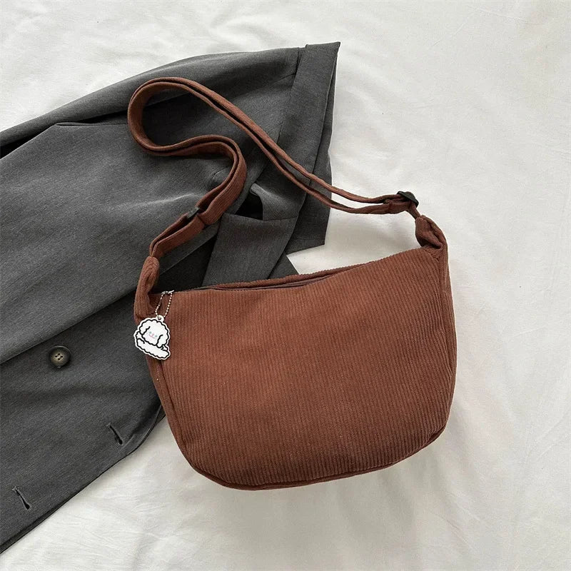 Kawaii Black Corduroy Dumpling Bag πβ¨ - Stylish Canvas Crossbody for Students! - Pixie Quill