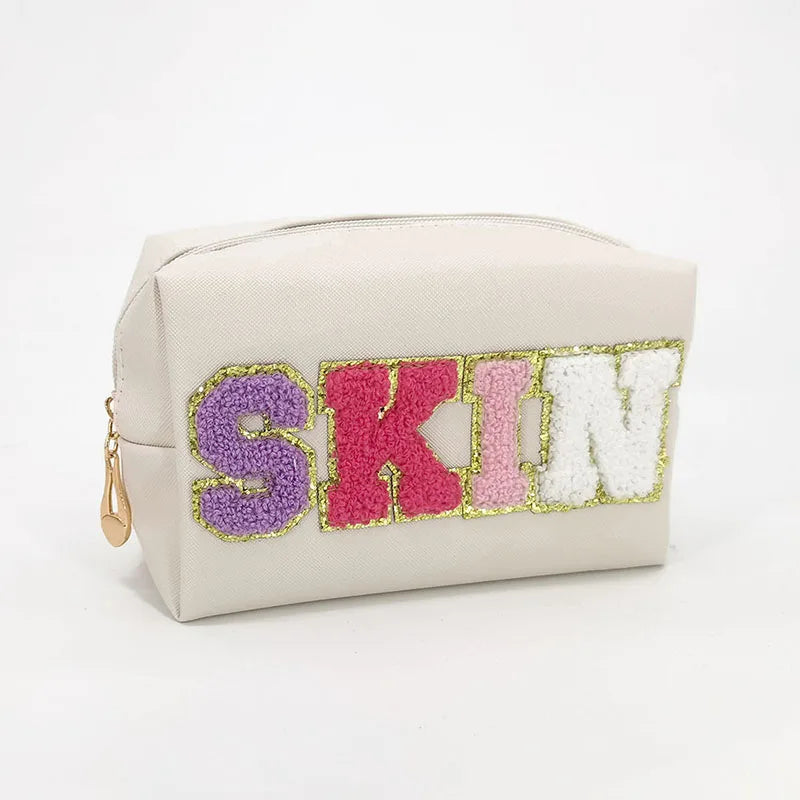 Kawaii Chenille Letter Waterproof Makeup Pouch β¨π Cute PU Leather Toiletry Bag for Travel ππ