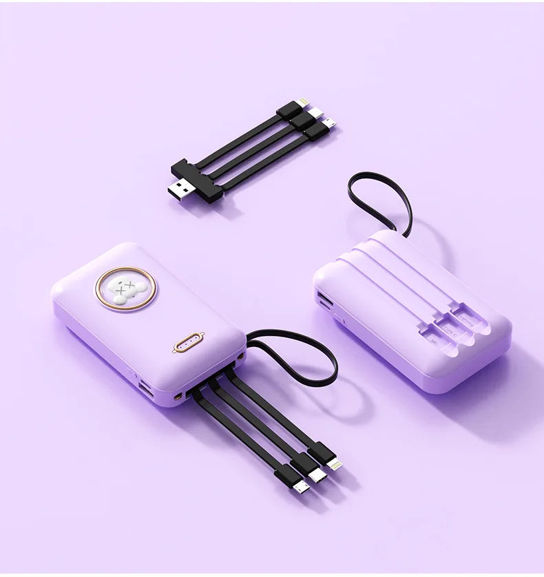 Kawaii Pet Power Bank 🐾✨ | 20,000mAh Mini Charger with Built-in Cables & LED Light 💖