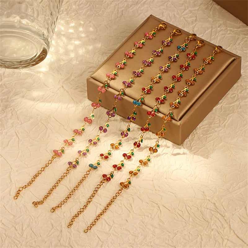 Kawaii Cherry Blossom Charm Bracelet πβ¨ - Adorable Stainless Steel Jewelry for Women & Girls, Perfect for Parties & Gifts! ππ