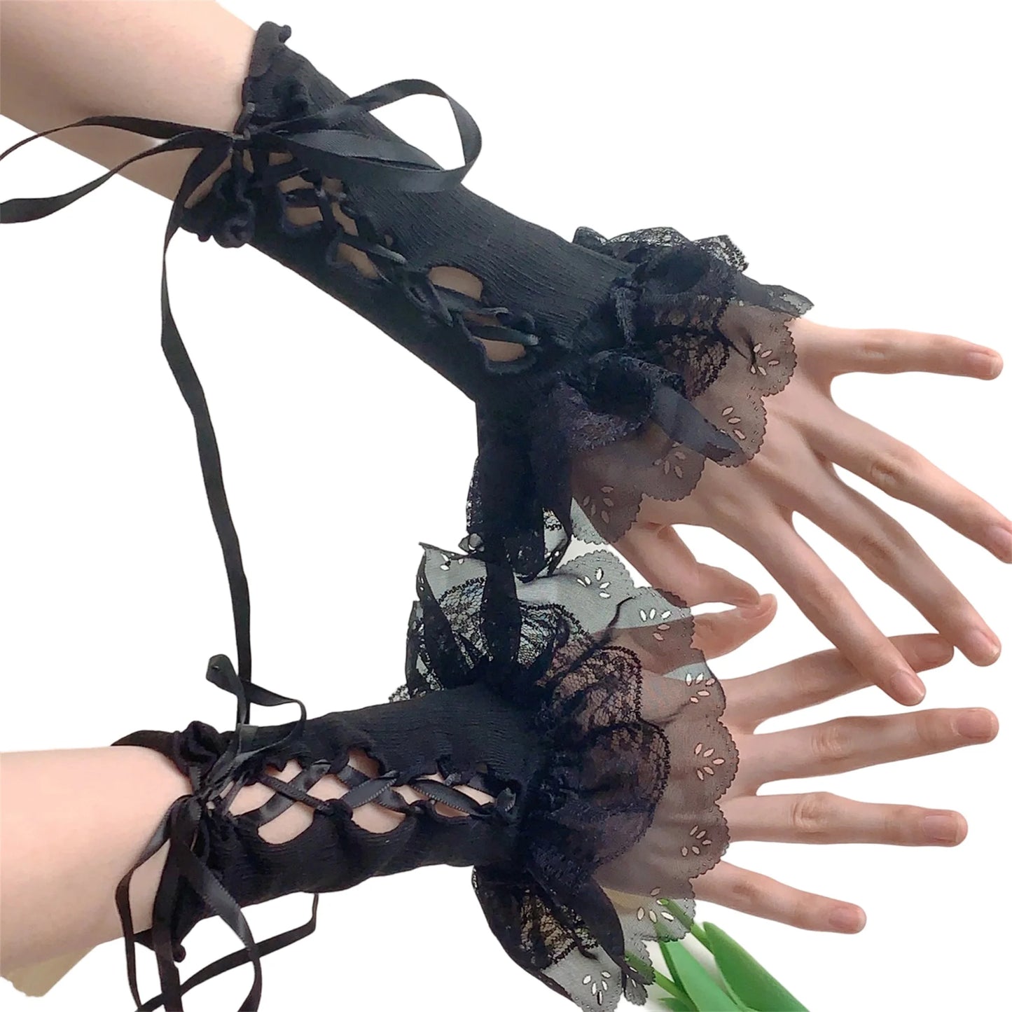 Women Lace Fingerless Gloves With Bowknot For Lolita Cosplay Arm Warmers 💗🎀