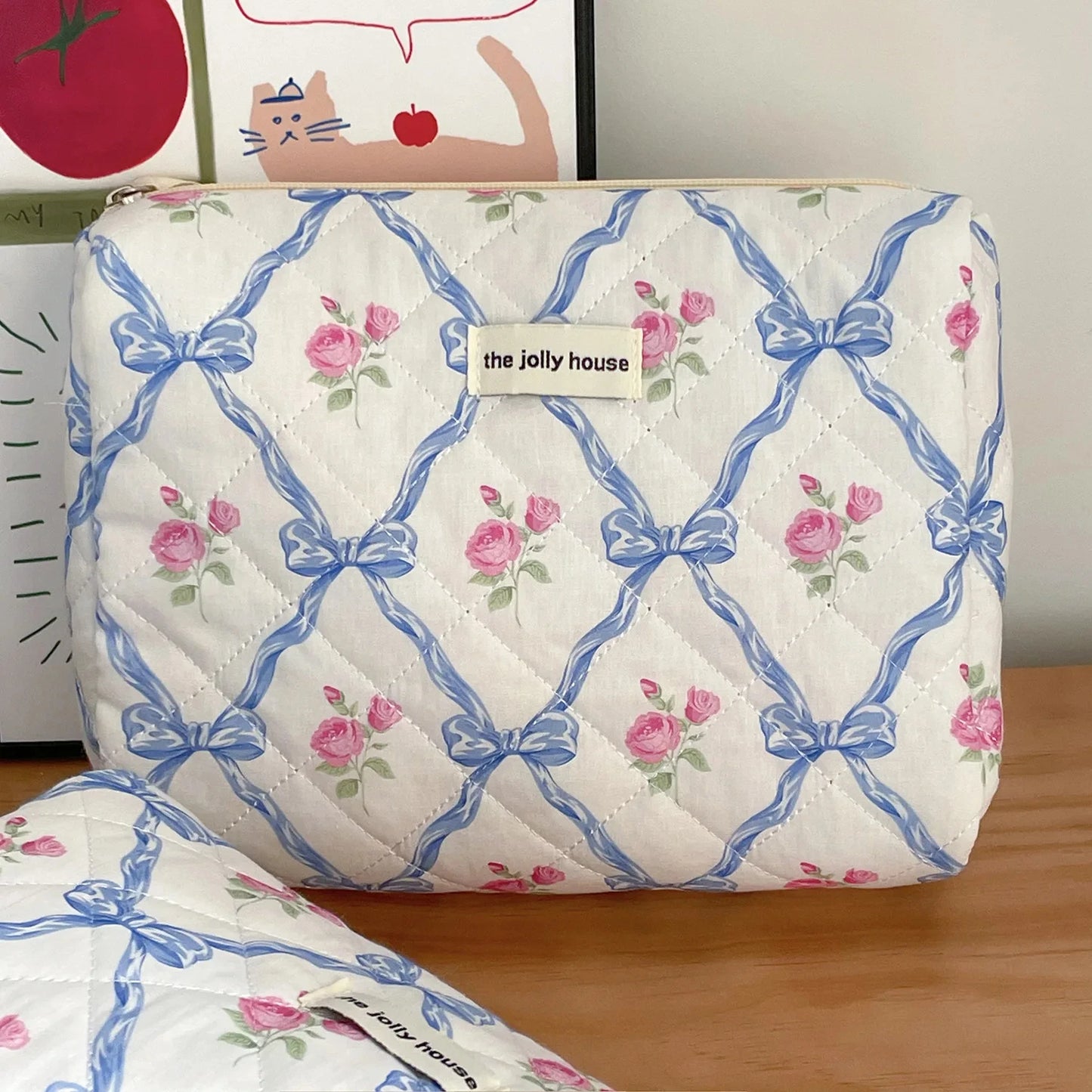 Kawaii Bow Flower Quilted Makeup Bag πΈβ¨ | Adorable Zipper Cosmetic Organizer for Girls ππ
