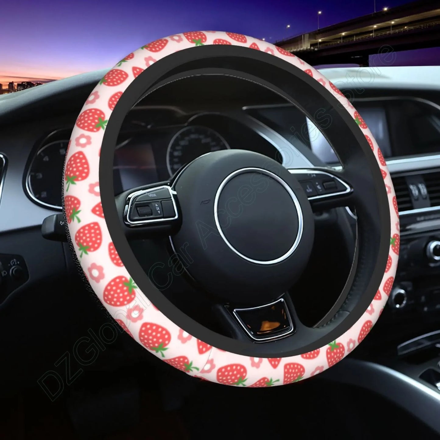 Kawaii Strawberry Flowers Steering Wheel Cover πΈπ | Anti-Slip Elastic Car Accessory π | Universal Fit 15" Protector π‘οΈ