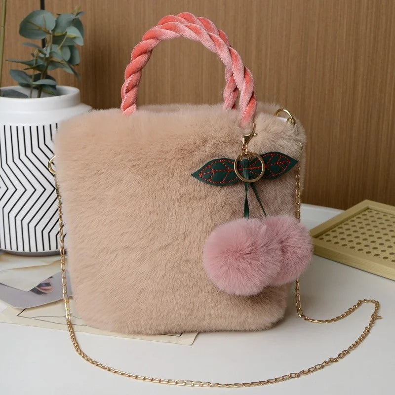 Kawaii Plush Faux Fur Crossbody Bag πΎβ¨ with Pompom Cherry & Fluffy String π - Cute Small Purse for Girls!
