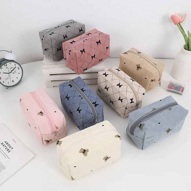 Kawaii Corduroy Makeup Pouch π | Adorable Travel Cosmetic Bag for Lipsticks & Skincare β¨ | Cute Organizer for Women & Girls π
