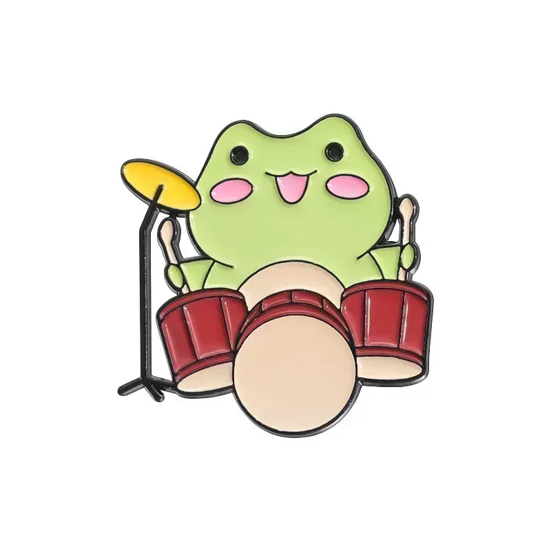 Kawaii Cartoon Frog Band Enamel Pins ๐ถ๐ธ | Fun Drum & Guitar Brooches for Kids & Friends ๐ธโจ | Cute Lapel Badges & Jewelry Gift