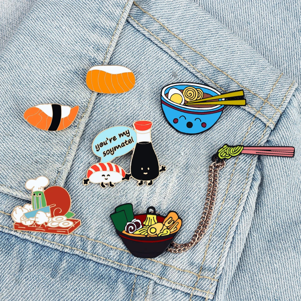 Kawaii Japanese Food Lapel Pins π£π₯’ Cute Salmon Sushi & Ramen Brooches β¨ Fun Enamel Badges for Kids & Girls π Adorable Jewelry Gift!