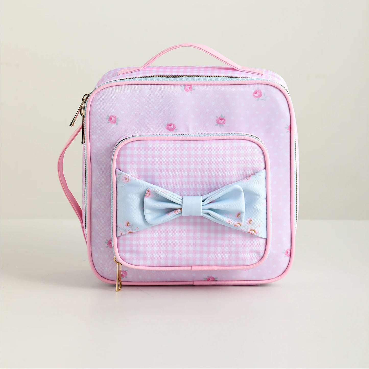Kawaii Insulated Lunch Tote π±πΈ Cute Floral Canvas with Polka Dots & Blue Plaid Bow πΌπ Portable Zipper Bag with Handle