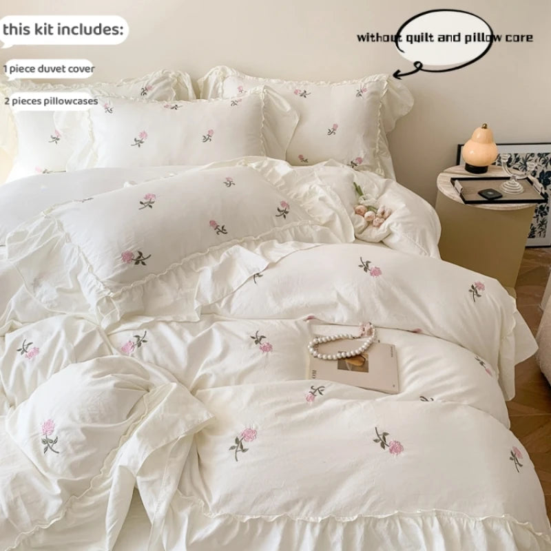 Kawaii Rose Lace Duvet Cover Set πΈπ (3pcs: 1 Duvet + 2 Pillowcases) - Princess Style Bedding for Cozy Dreams!β¨