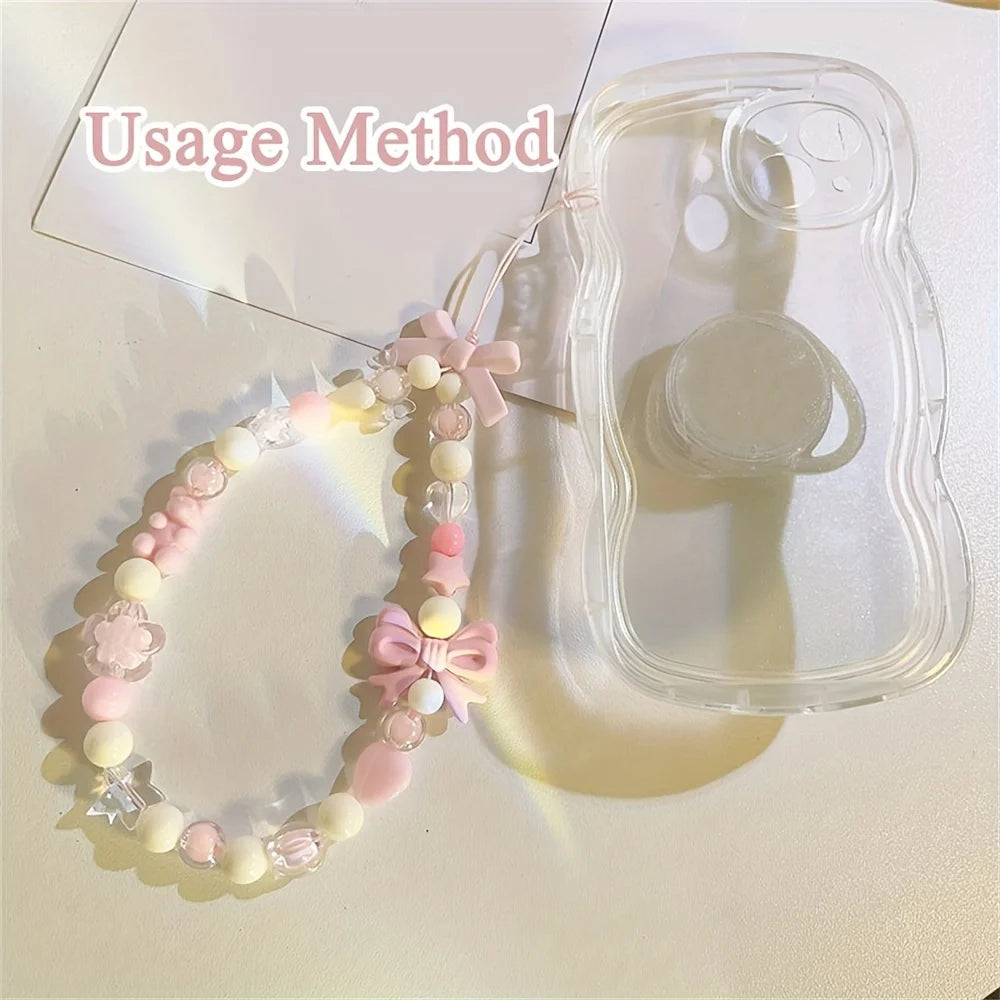 Kawaii Pink Bear & Bow Lanyard 🌸✨ Cute Pearl Phone Charm Strap for Girls❤️🦄