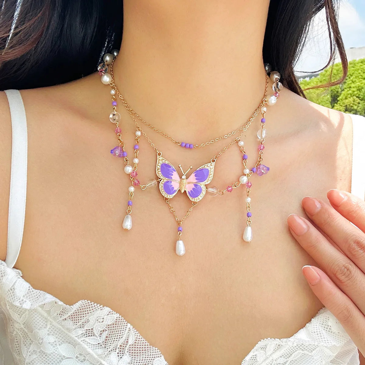 Kawaii Dreamy Butterfly Pearl Choker Necklace š¦āØ | Trendy Multilayer Crystal Jewelry for Women 2024