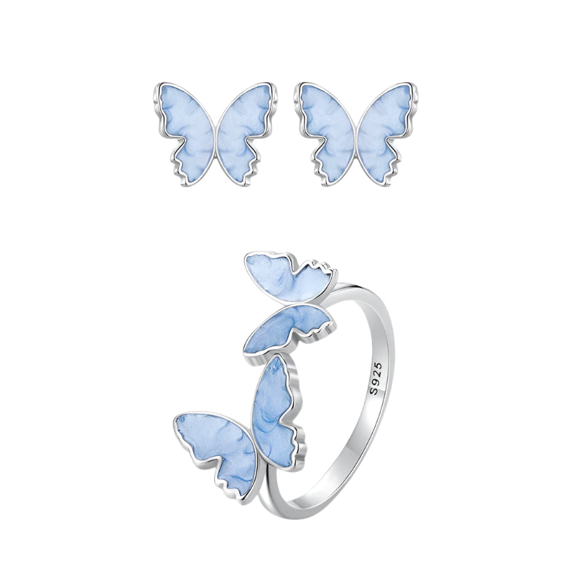 Kawaii 925 Silver Blue Butterfly Ring 🦋✨ | Adorable Enamel Wedding Gift & Matching Stud Earrings 🎁💕
