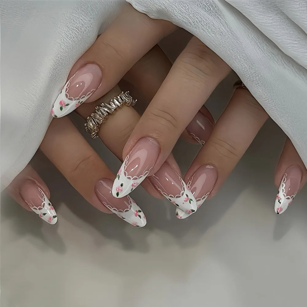 Kawaii Pink Bow French Nail Art - 24PC Almond Press-On Nails ππ
β¨