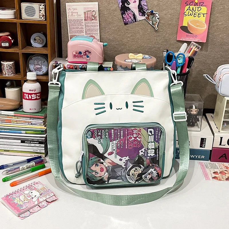 Kawaii Cat Love ๐โจ Large Nylon Ita Shoulder Bag - Versatile Crossbody Handbag with Transparent DIY Pocket ๐พ๐