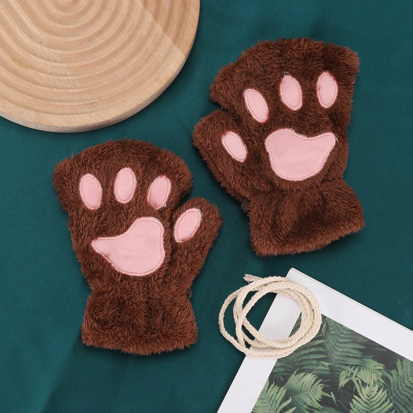Fluffy Cat Paw Gloves Plush Mittens For Women Warm Half Finger Cozy Bear 🐱🐻
