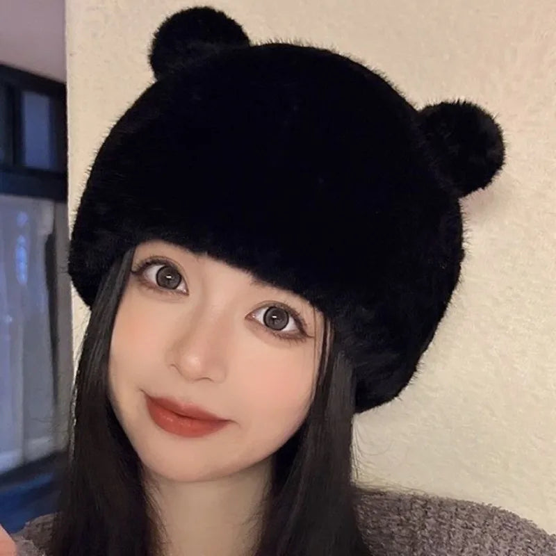Cute Kawaii Black Bear Ears Plush Rabbit Fur Hat π»βοΈ | Cozy Knitted Cap for Winter Fun!