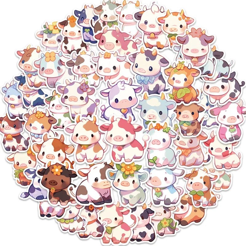 Kawaii Rainbow Cow PVC Stickers 🌈🐮 - 10/30/50PCS Aesthetic Scrapbooking Supplies for Kids! 🎨✨